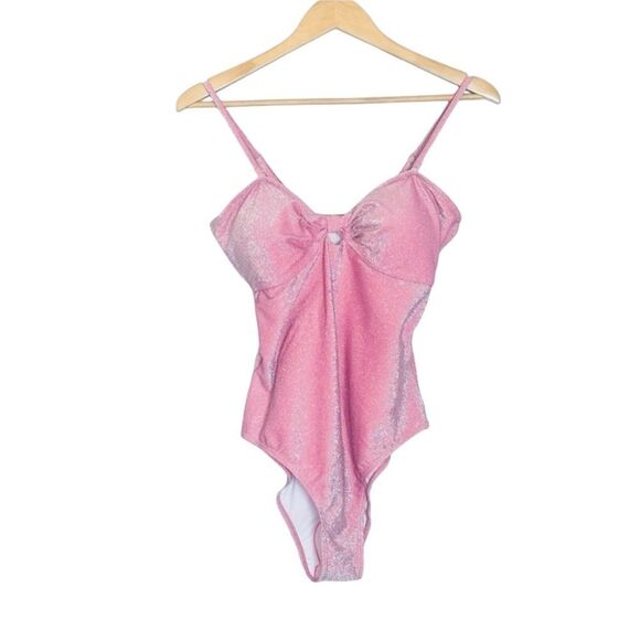 Betsey Johnson Barbie Pink Metallic Glitter Sweetheart Bow Keyhole Swimsuit - Picture 3 of 12